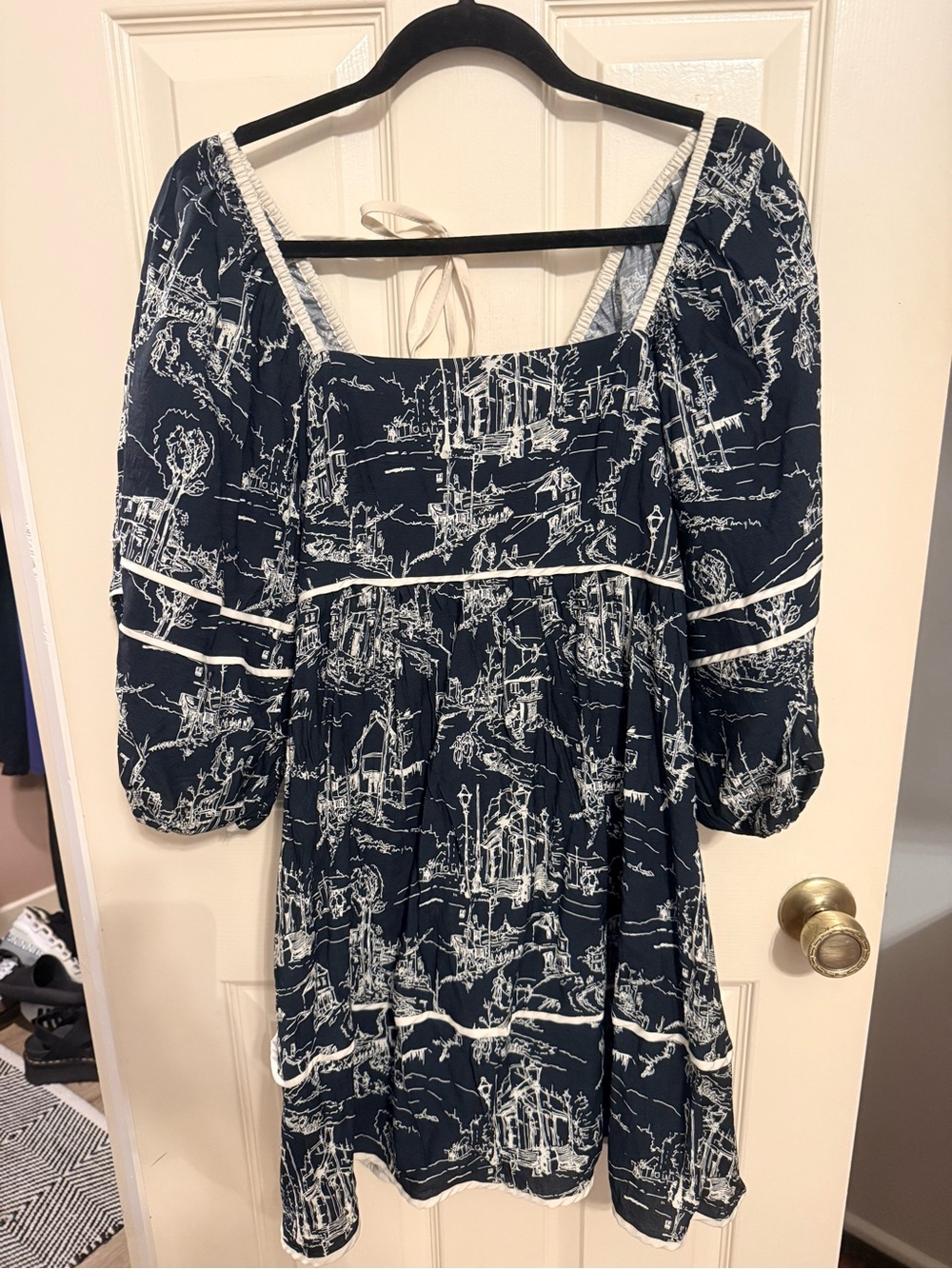Entro Navy/white Toile Large Puff Sleeve Square Neckline Mini Dress Cottagecore